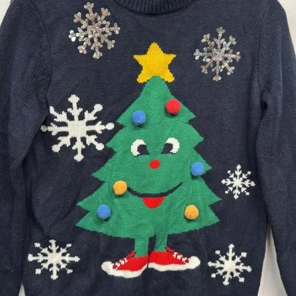 Women's Forever 21 Ugly Christmas Holiday Tree Navy‎ Blue Sweater Size Small (S) - Picture 4 of 5